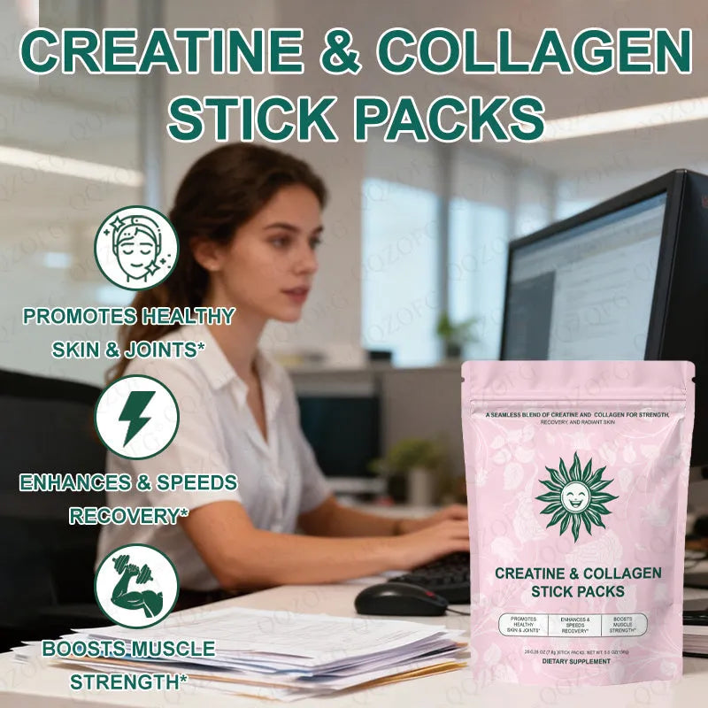 Creatine and collagen stick pack with 20 sticks, 7.8g each, showing powder with raspberry-lemon flavour and soft pink colour