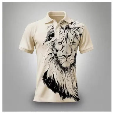 Summer lion print business casual T-shirt in bird eye cloth with zipper decorations, short sleeves, polyester fabric