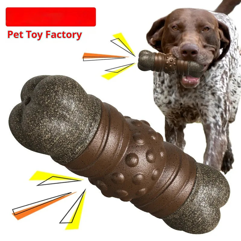 Wood colour plastic dog dental chew toy shaped like a bone with a ridged molar rod section.