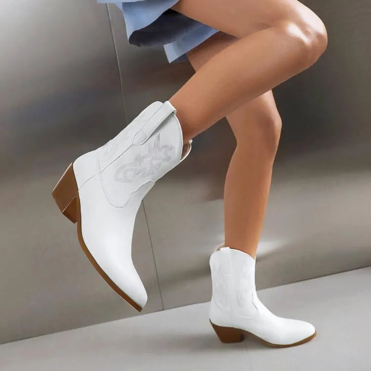 Mirror patent leather knee-high boots with embroidered detail, chunky stiletto heel, pointed toe, silver colour