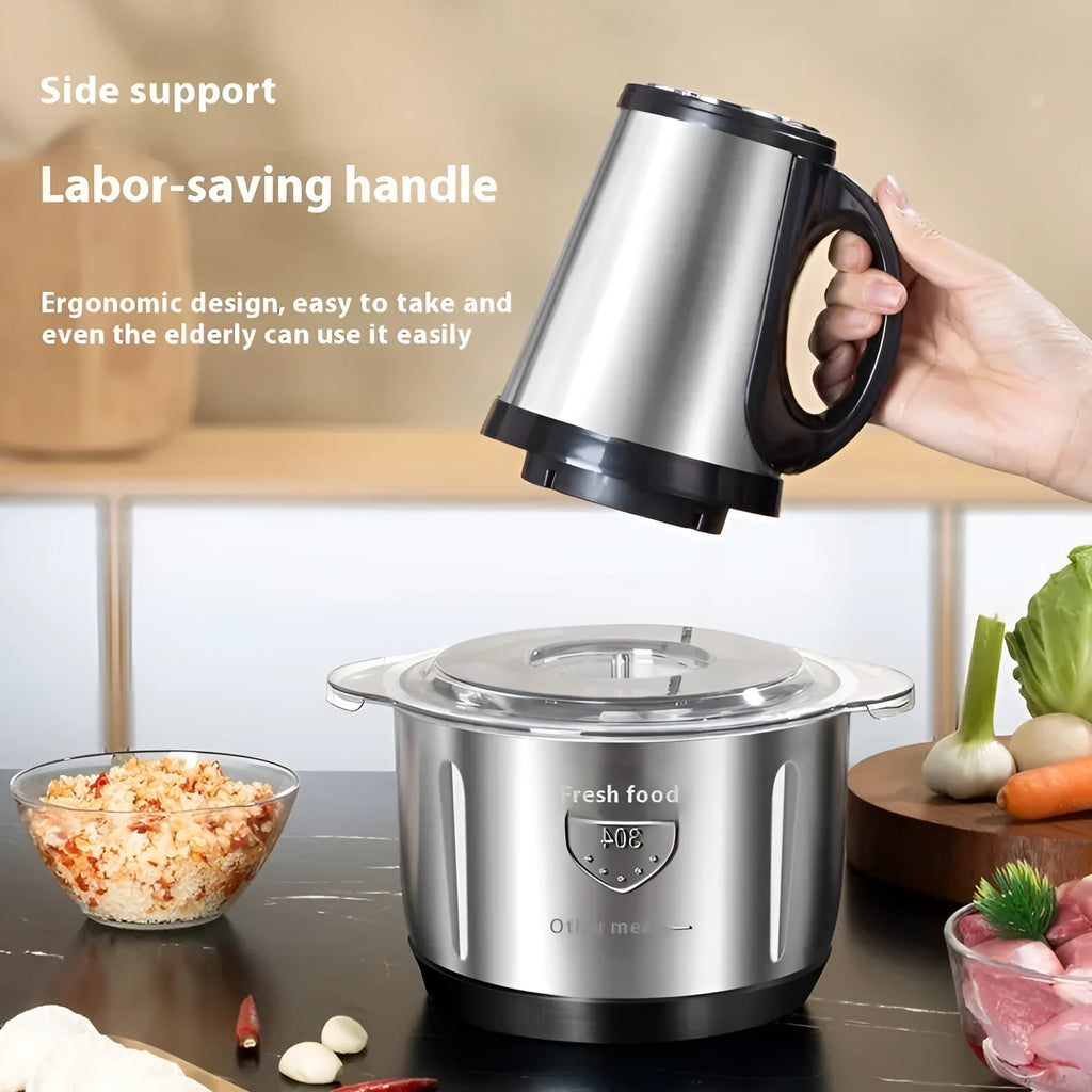 Stainless steel meat grinder with 2L bowl, 2 sets of knives, and adjustable speed control on a kitchen counter