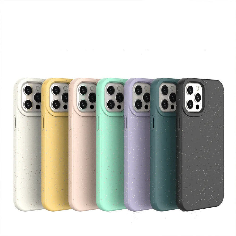 Fully degradable wheat straw fibre phone case for Apple iPhone, shown in multiple colours.