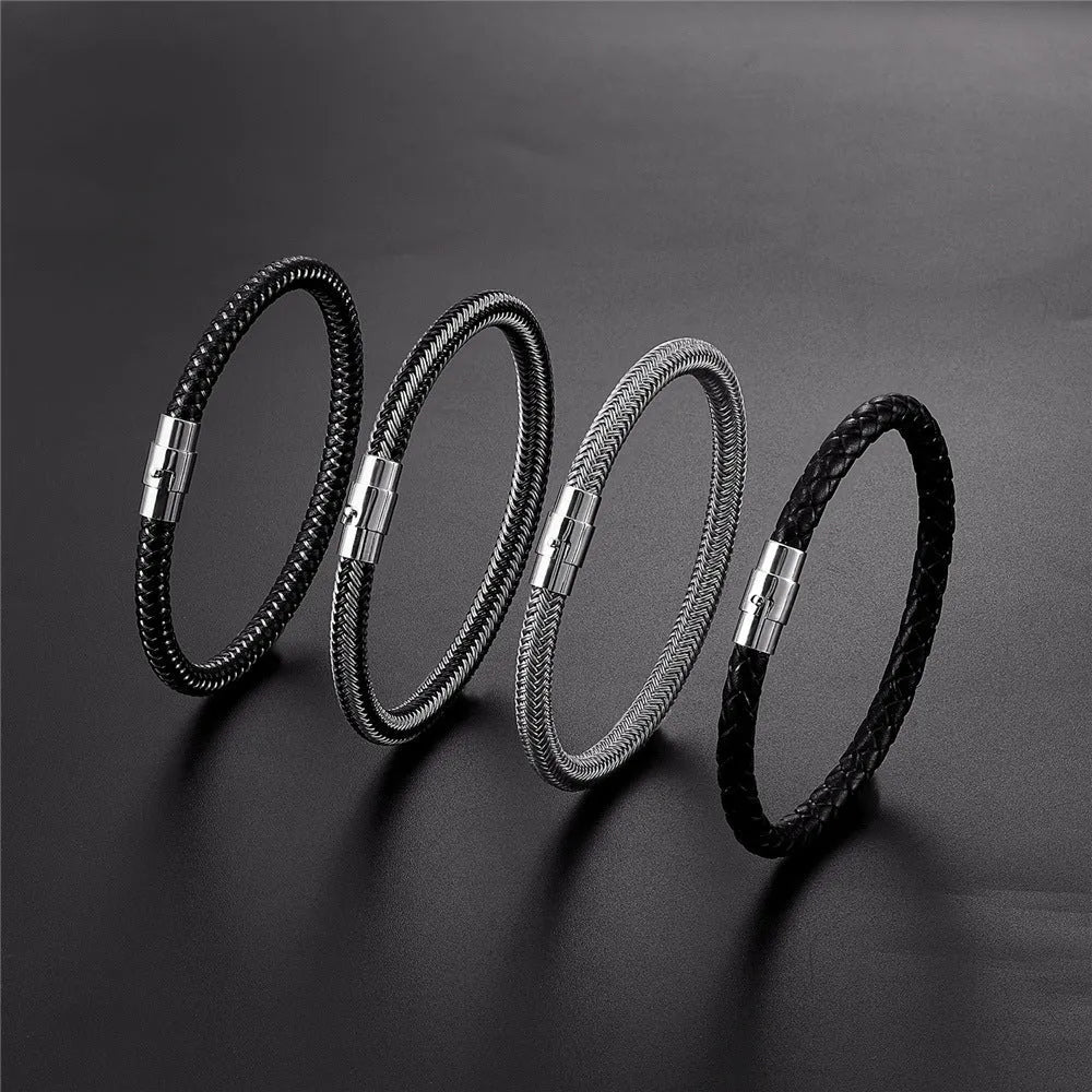 Geometric titanium steel wire bracelet with magnetic clasp on a wrist, shown in a matte grey finish.