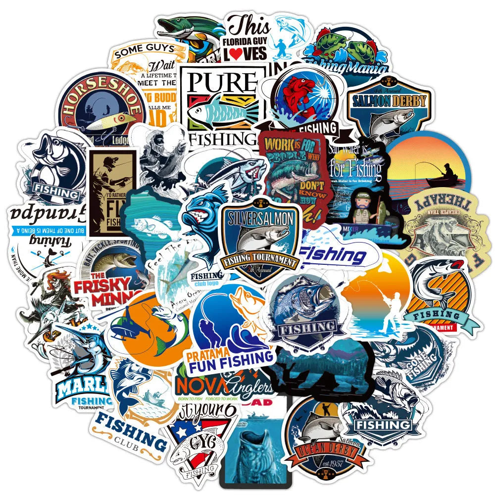 50 fishing angling adhesive stickers, 5-8cm, in WZ0335 and wz01039 colours for car windows and tackle boxes