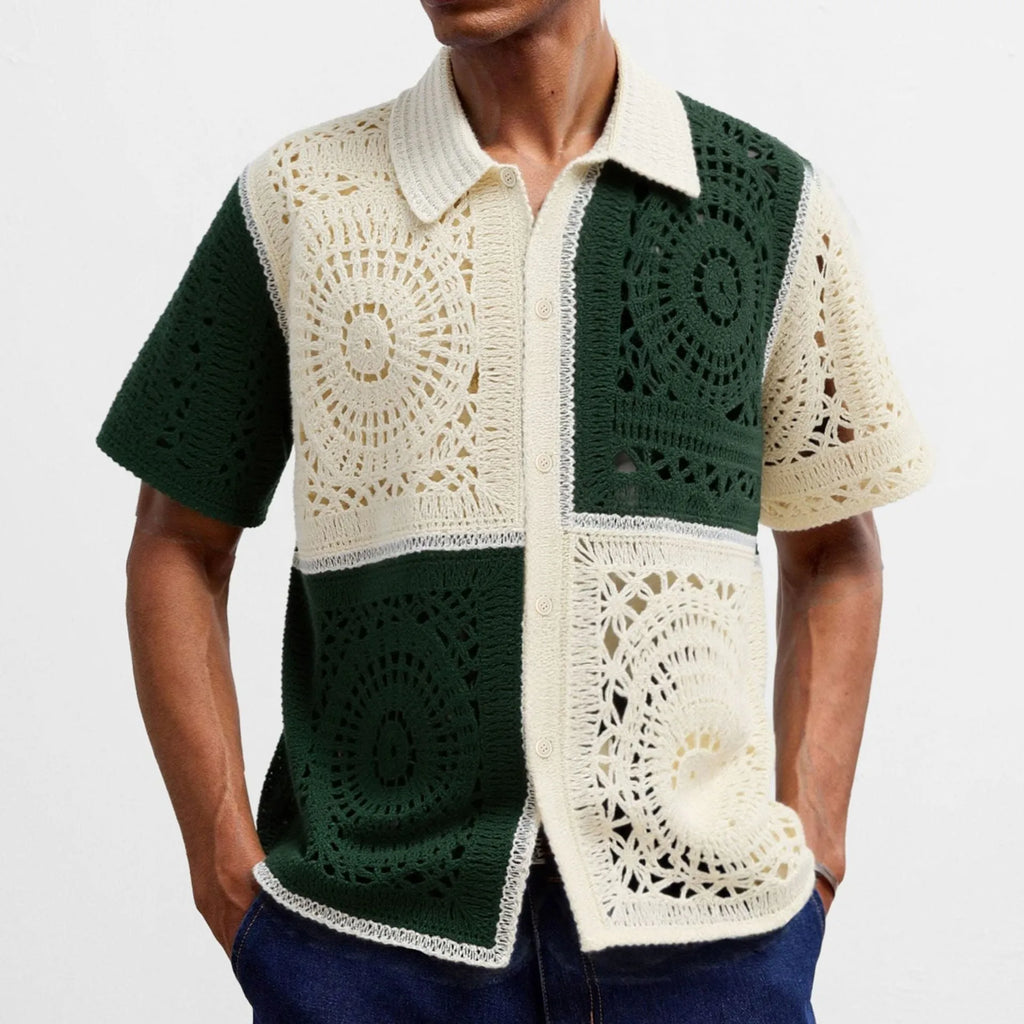 Beige colourblock men's short sleeve knit shirt with flocking pattern and regular fit