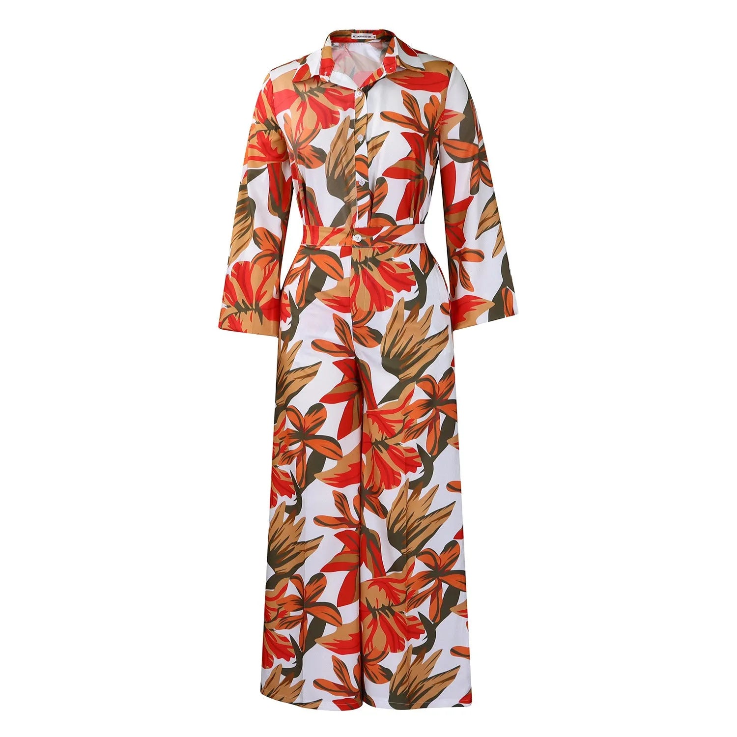 Red printed polyester wide leg pants suit with matching long sleeve shirt.