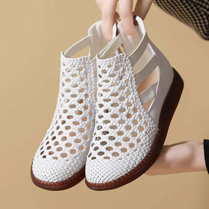 Women's gold hollow-out sandals with middle-top height and round toe design