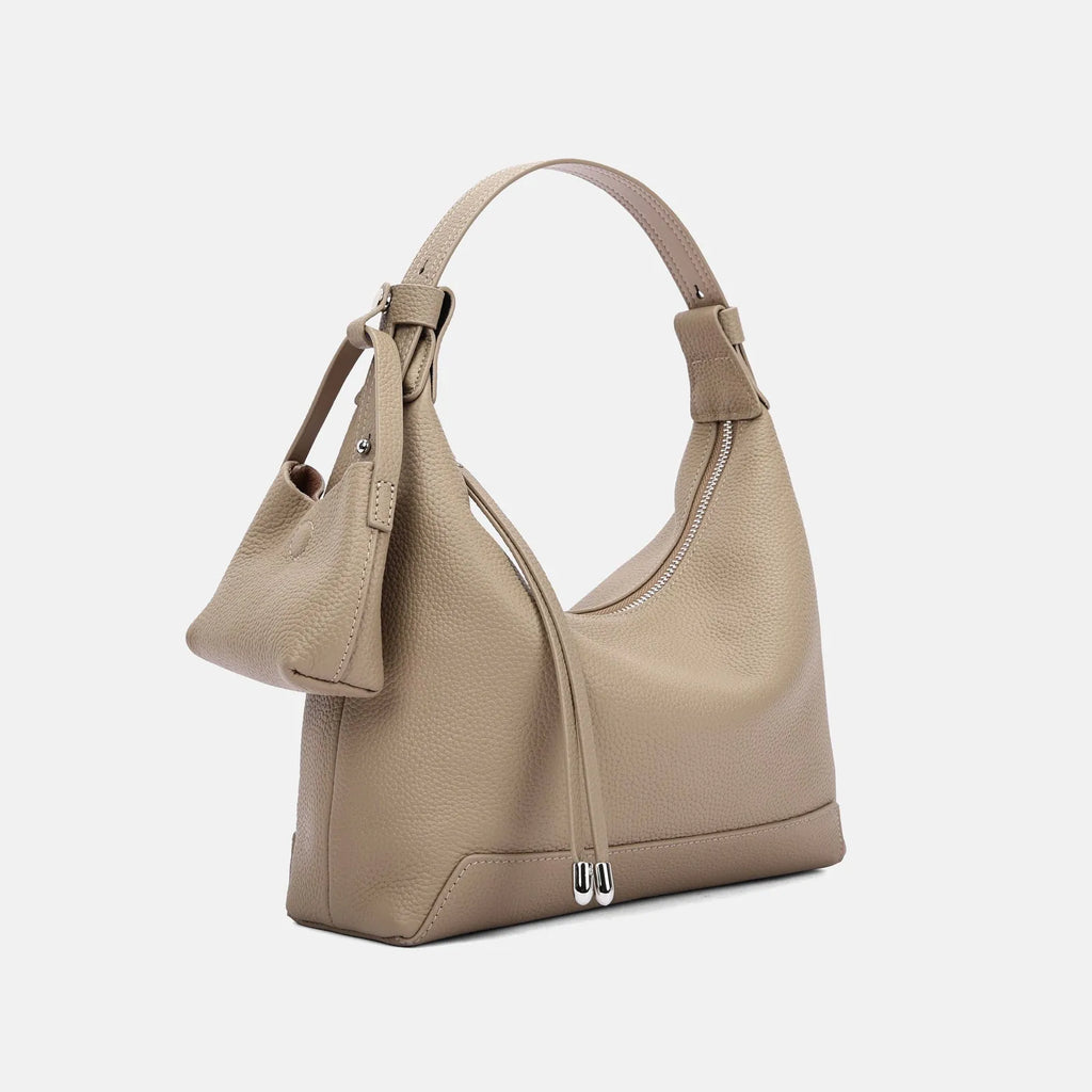 Genuine cowhide leather ladies shoulder bag in urban simplicity style with visible sewing thread