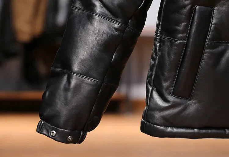 Men's black sheepskin down leather jacket with stand collar and pocket decoration