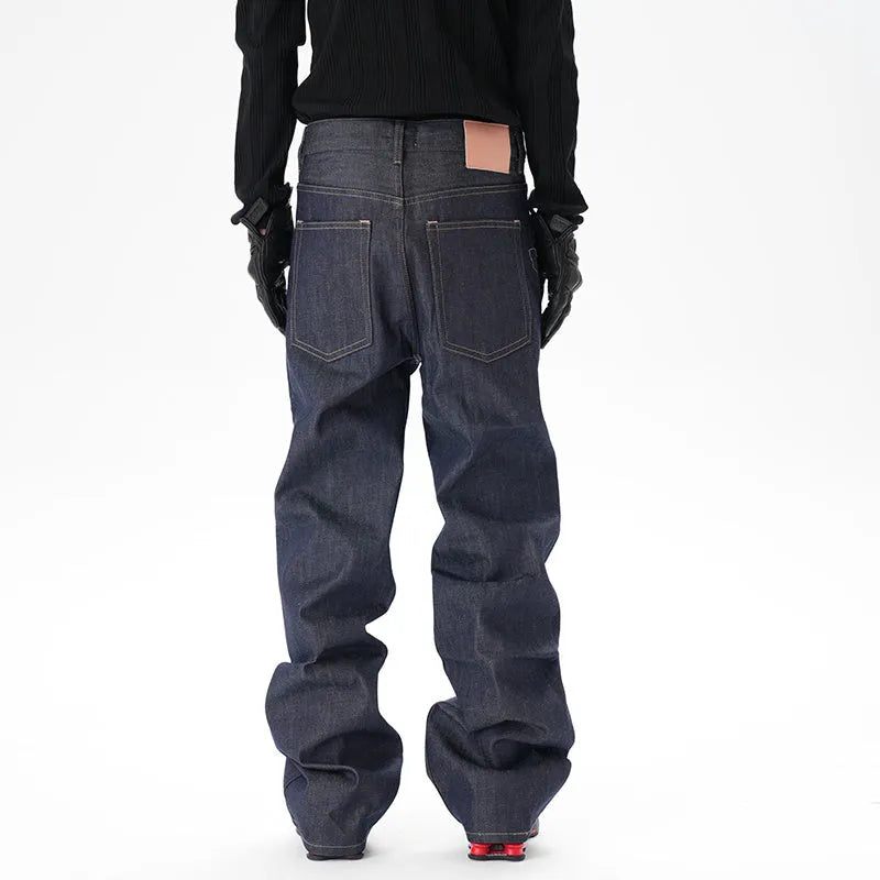 Dark blue casual loose straight fit jeans with straight leg cut on mannequin