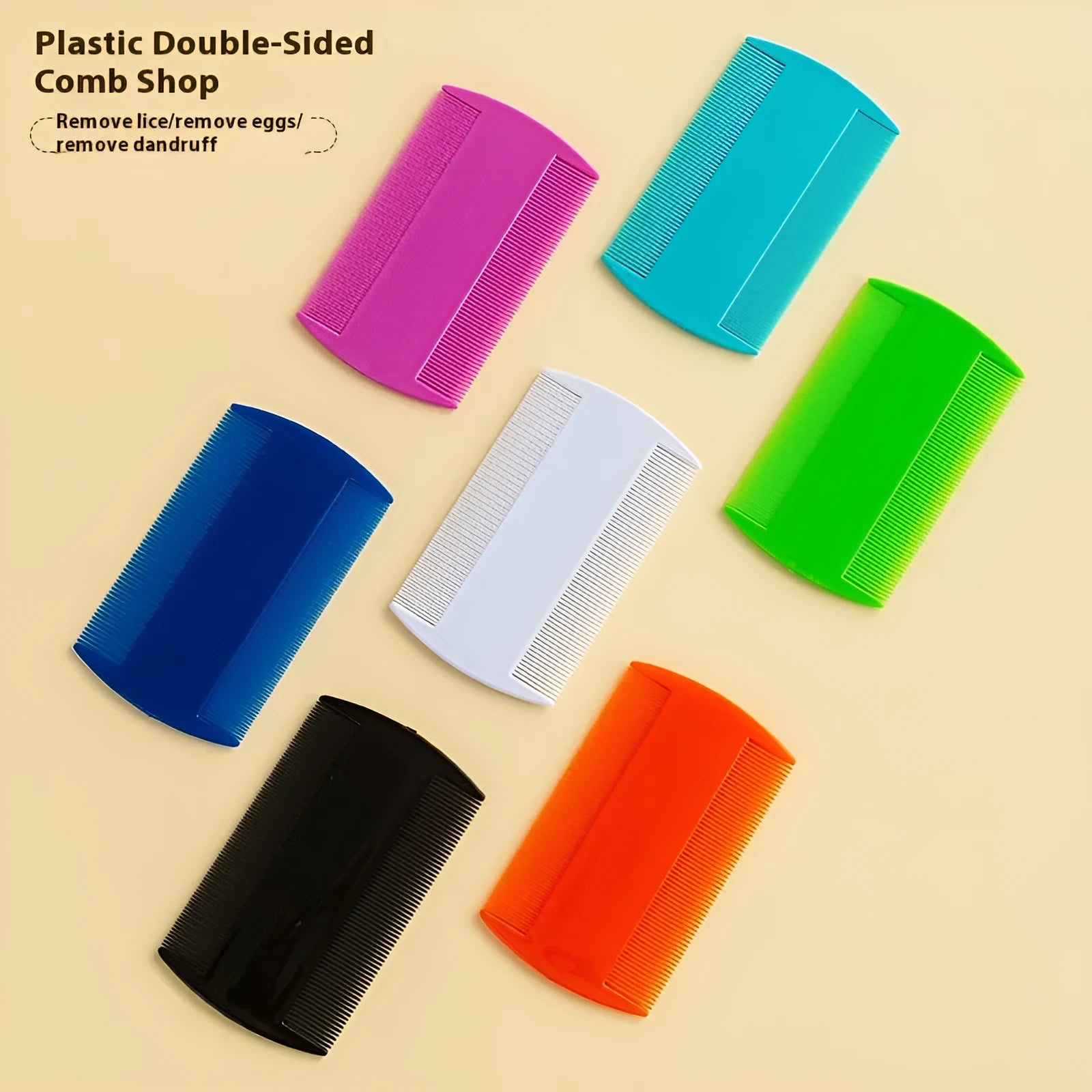 White double-sided fine-toothed plastic comb for removing lice and fleas, shown on a blue background.