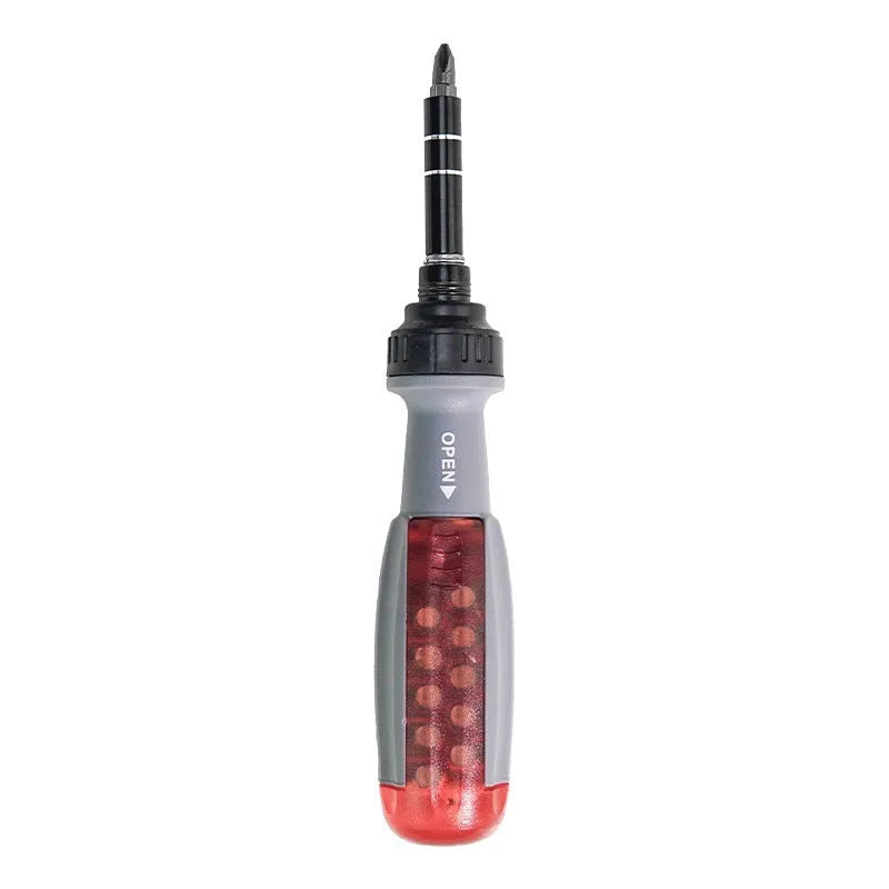 Ratchet screwdriver with retractable shaft, chrome vanadium steel bits, and ABS handle