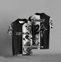Man's black loose-fit short sleeve t-shirt featuring a large 3D digital printed graphic design on the front.