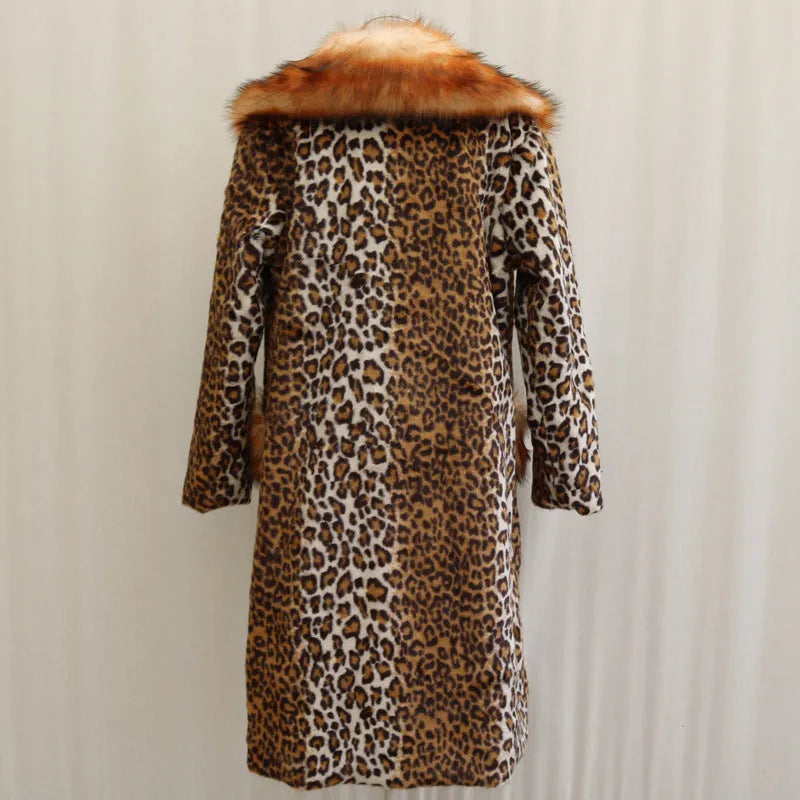 Women's leopard print long artificial fur jacket on hanger, showing regular sleeves and 80cm length.