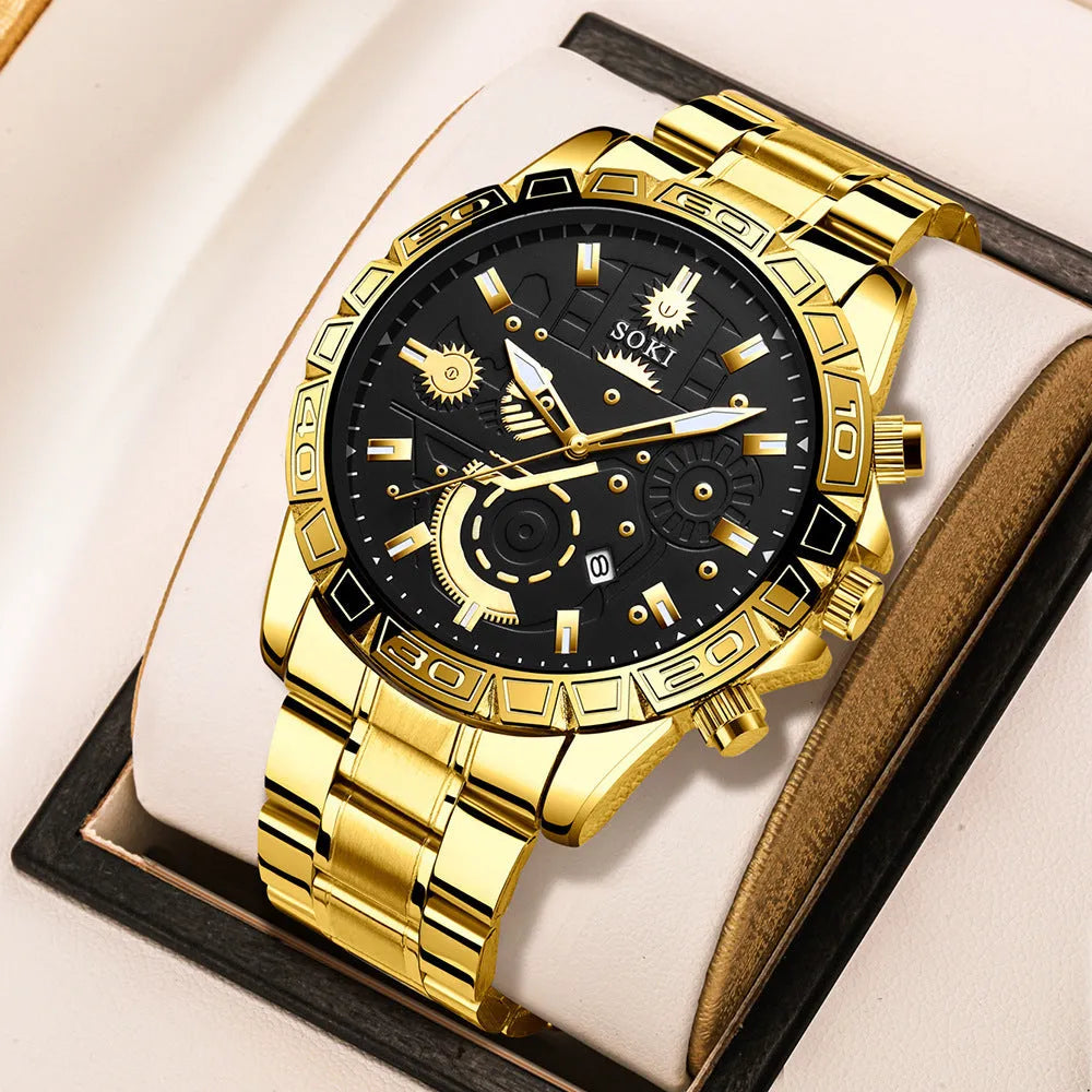 Gold men's business watch with stainless steel strap and calendar on dial