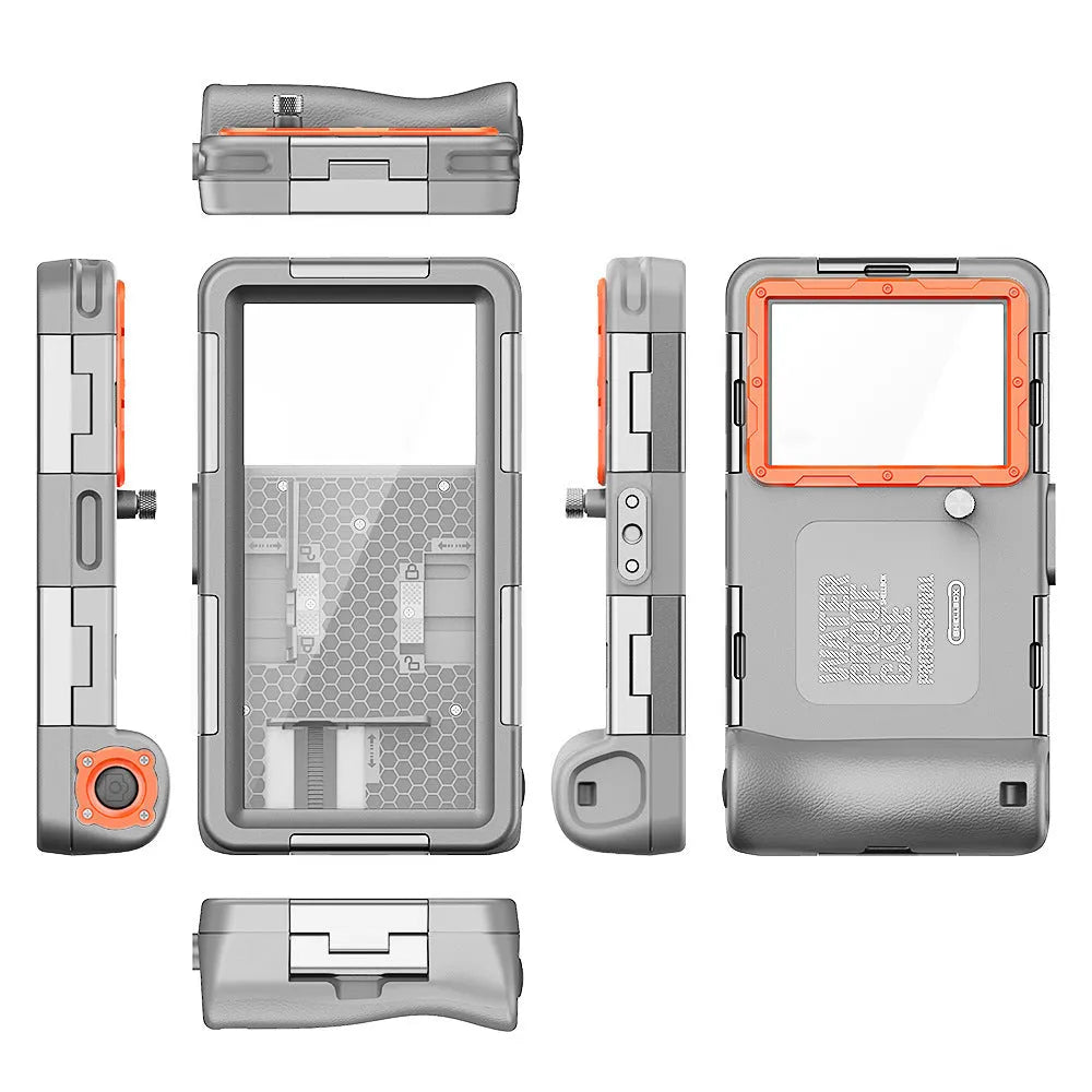 Waterproof diving case for Apple iPhone in blue orange, 195x106x44mm, with TPE PC glass zinc alloy construction.
