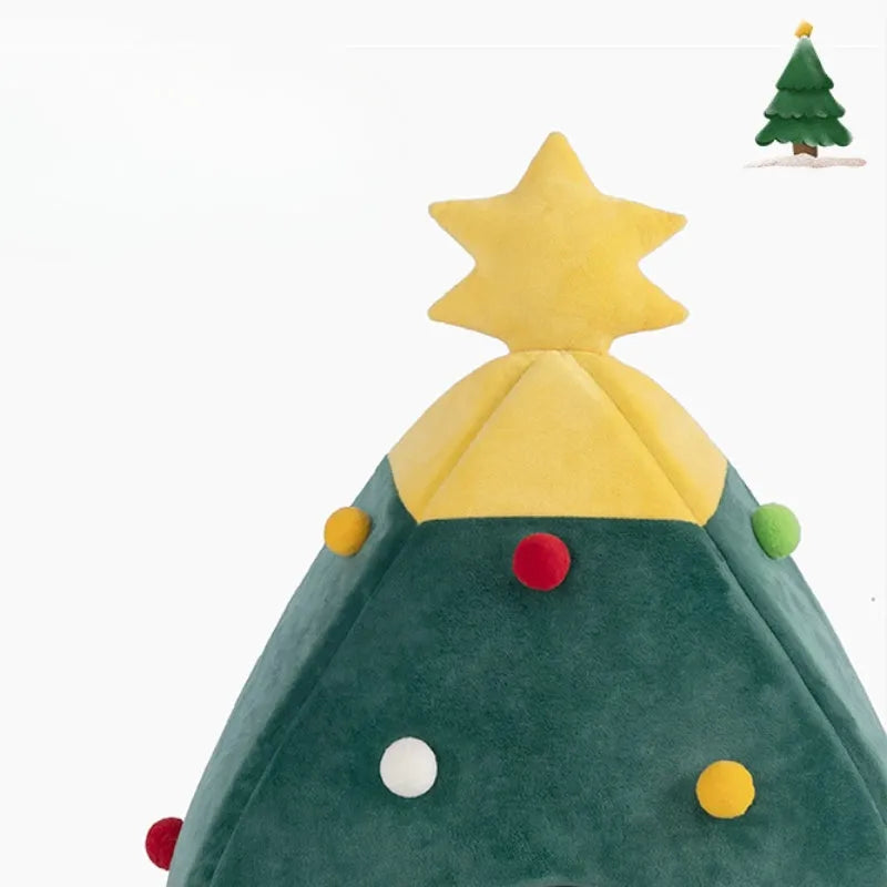 Red Christmas tree shaped plush cave bed for cats and small dogs on a wooden floor