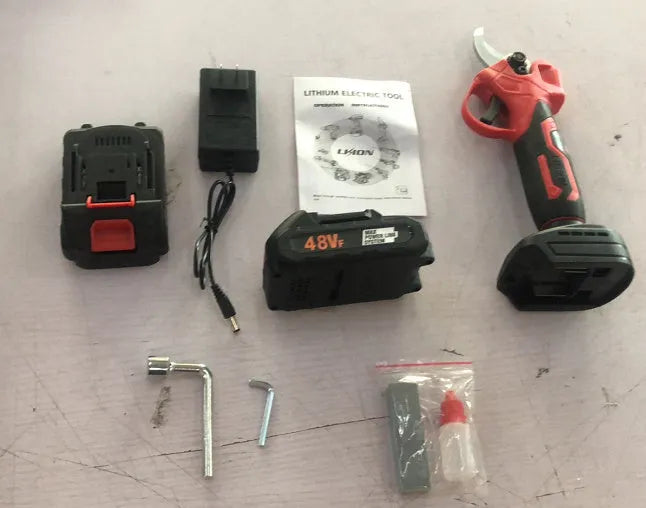 Electric pruning knife with lithium battery, plastic storage box, and two batteries for garden branch cutting