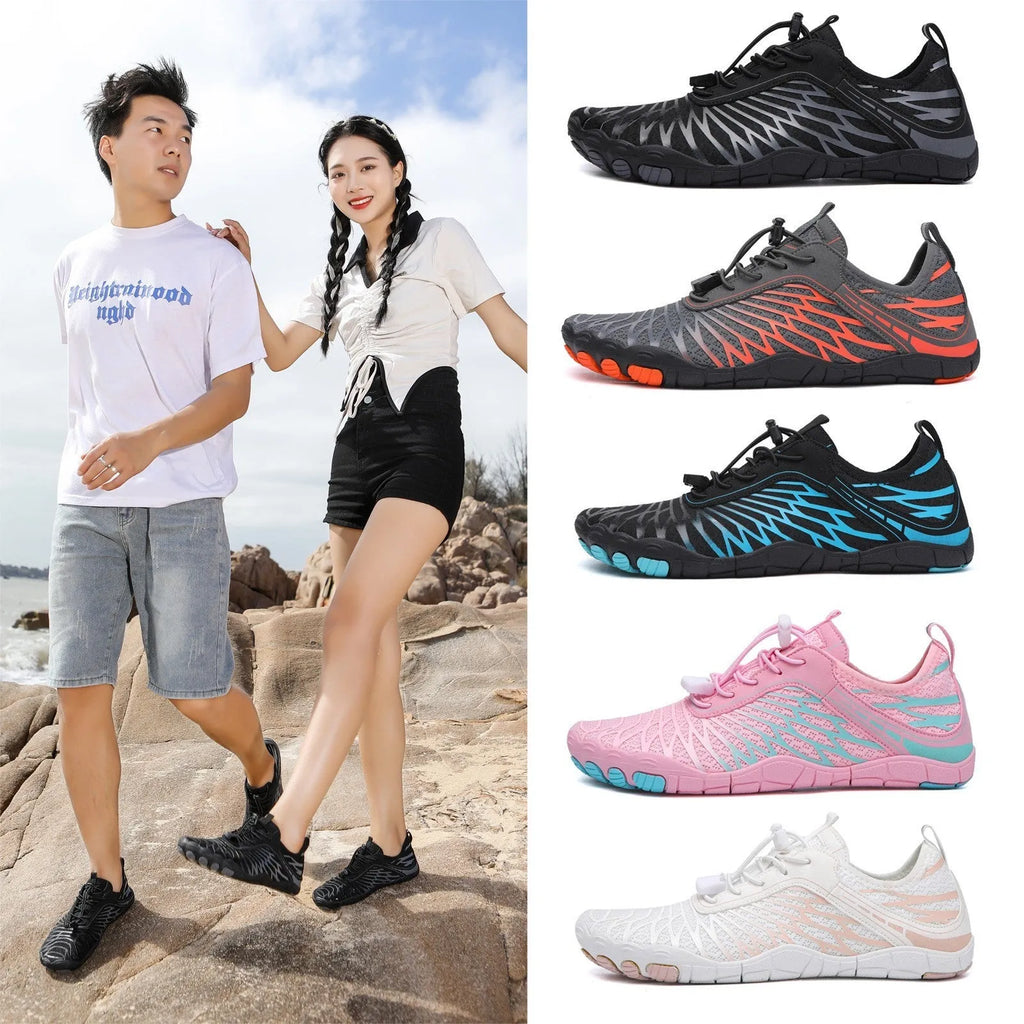 Low-top white outdoor sports shoes with lace-up front and textured rubber sole.
