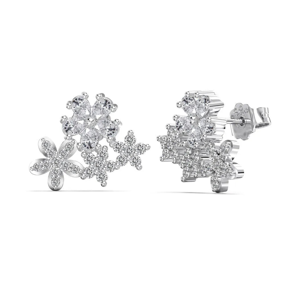 S925 sterling silver flower stud earrings with petal design in platinum and gold colour