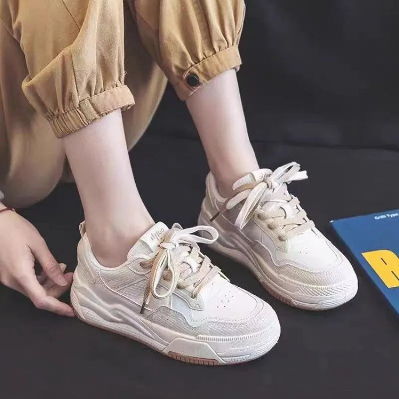 Beige and pink low-top rubber sneakers with height increasing soles for women