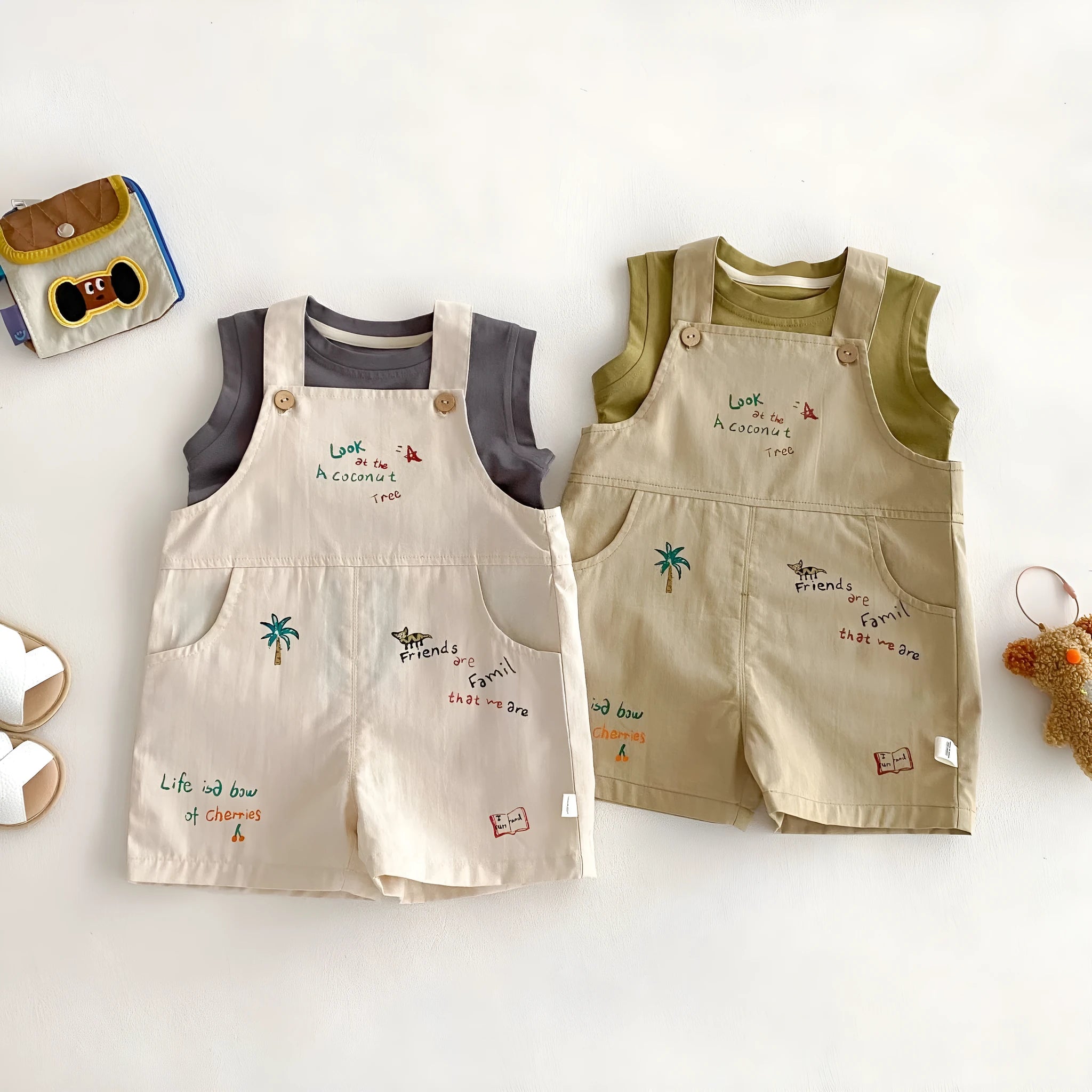 Baby cartoon suspender pants and t-shirt set in Korean style, cotton fabric, available in multiple colours for boys and girls