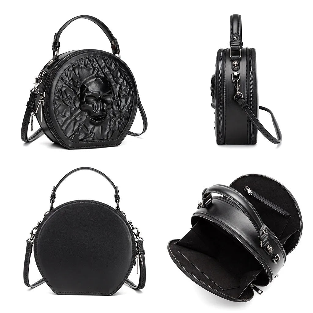Men's black embossed Halloween messenger bag with three-dimensional pockets showing crossbody strap and structured shell shape