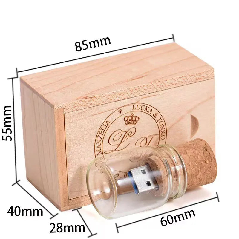 Wooden wish drift bottle USB disk with transparent finish showing internal components, 60x28mm size