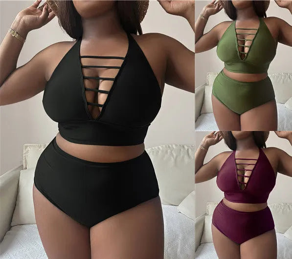 Plus size woman modelling a black halter bikini with adjustable cross straps and high-waisted briefs.