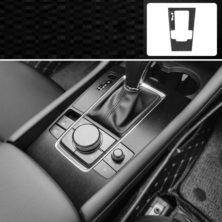 Decorative film sticker kit for car interior dashboard, centre console, and door handle customisation in carbon fibre or woodgrain patterns