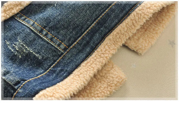 Children's baby thickened fleece-lined Korean style denim jacket with fur collar in denim colour, size 110 cm