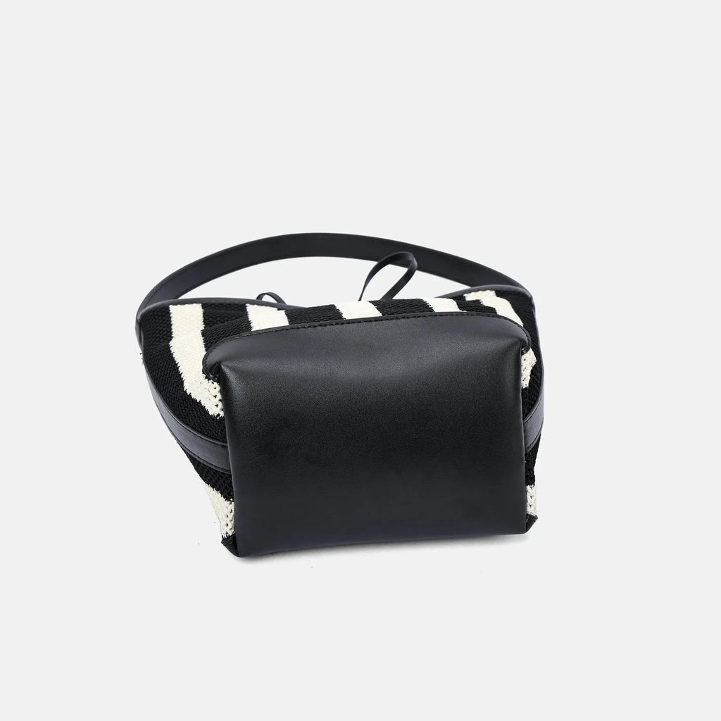 Black and white striped woven fabric women's shoulder bag with bucket-type design measuring 28x18x13cm