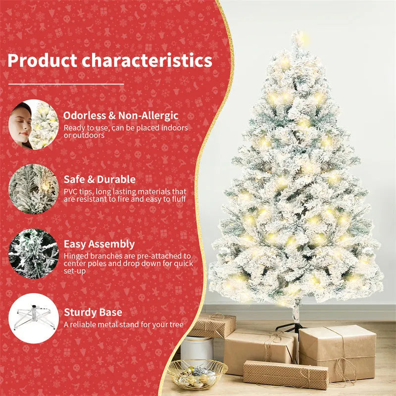 Green and white snow-dusted artificial PVC Christmas tree on a metal stand.