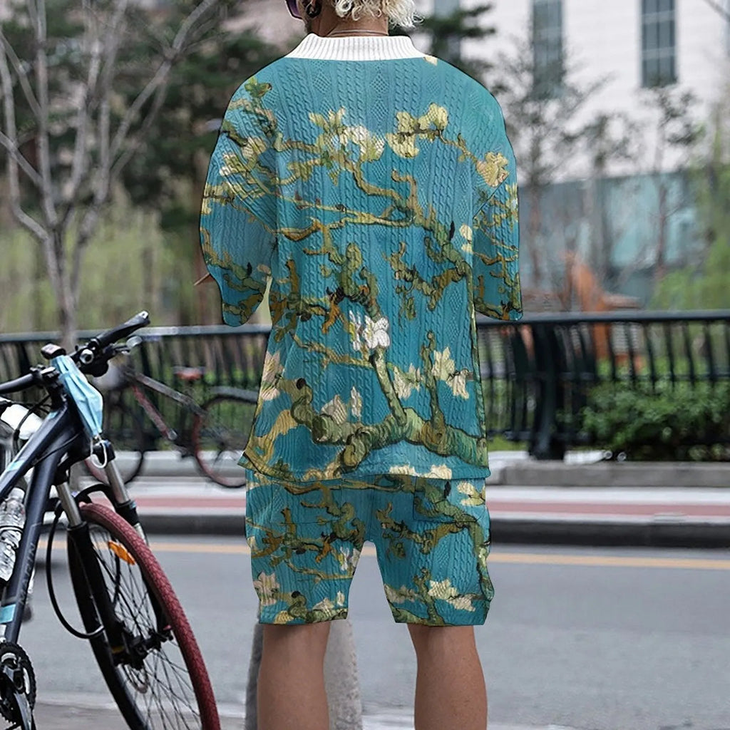 Men's peacock blue 3D printed casual suit with knitted shorts and T-shirt.