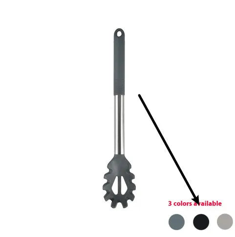 12-piece black silicone kitchen utensil set with tools stored in a rotating countertop storage bucket