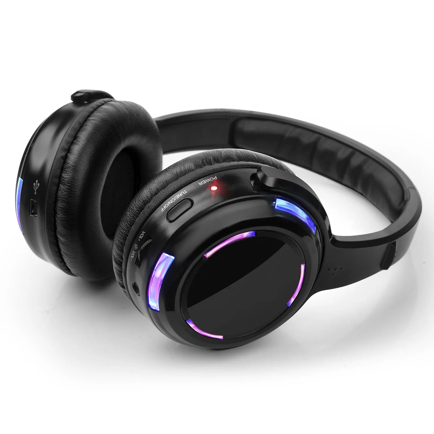 Black over-ear silent disco wireless headphones with a 3-metre cable and 3.5mm plug for party events.