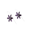 A pair of purple flower-shaped alloy earrings with an electroplated finish on a white background.