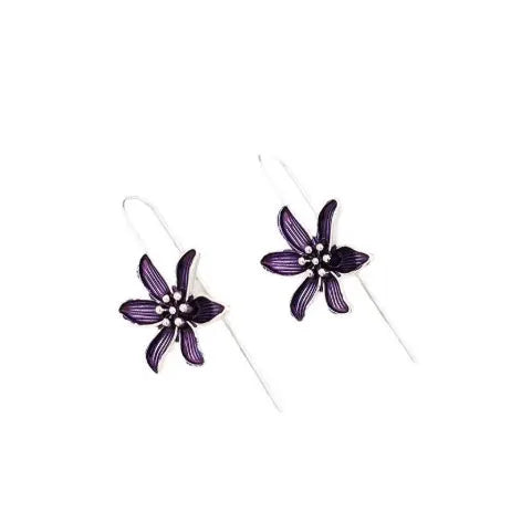 A pair of purple flower-shaped alloy earrings with an electroplated finish on a white background.
