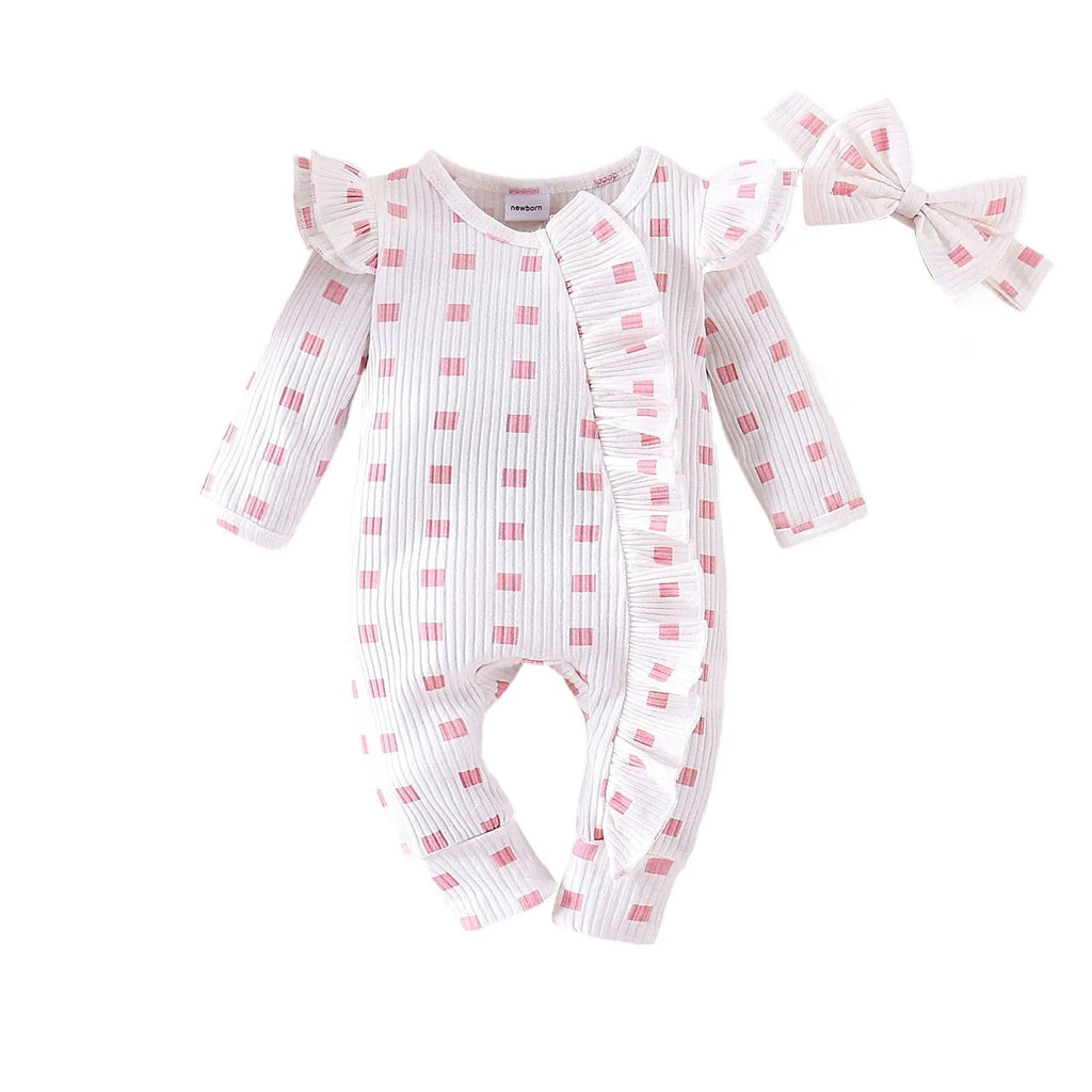 Baby girl plaid long-sleeved cotton romper in white, newborn to 9 months