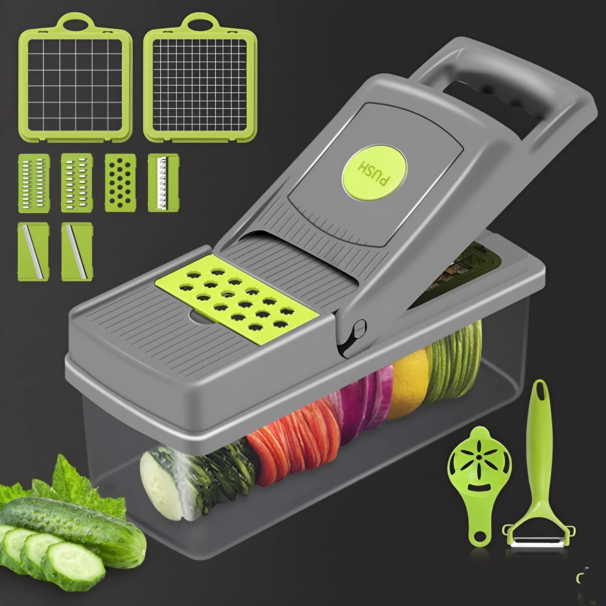 Grey stainless steel vegetable cutter with multiple blades and accessories on kitchen work surface