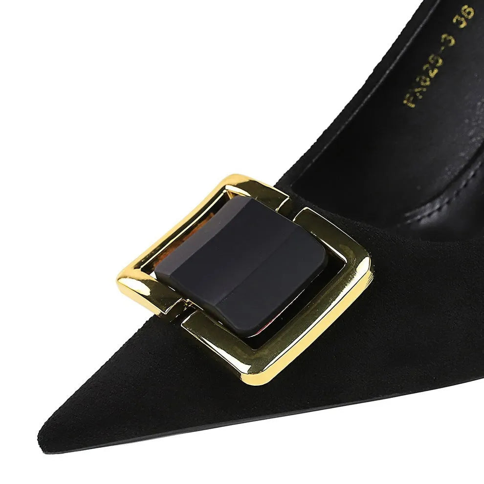 Black suede women's stiletto heels with a pointed toe and a 9cm high heel.