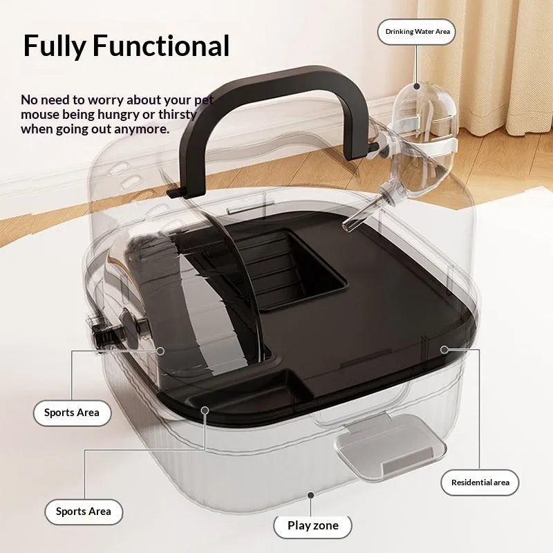 Transparent plastic outdoor hamster portable travel cage with platform water dispenser running wheel on a flat surface