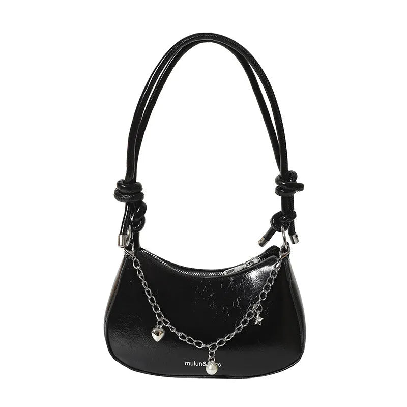 PU one-shoulder crossbody commuter bag horizontal square shape with chain accent in black
