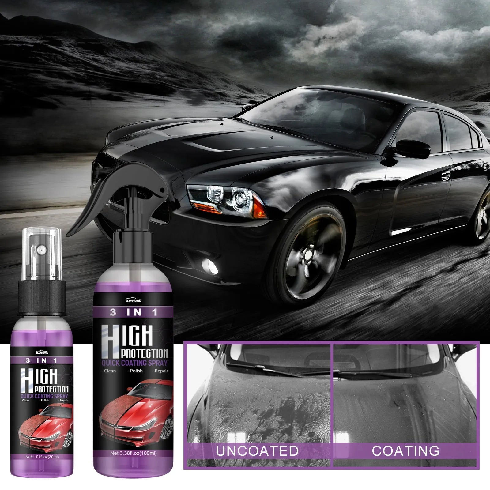 3 in 1 high protection fast car paint spray automatic coating agent in 30ml and 100ml PE bottles