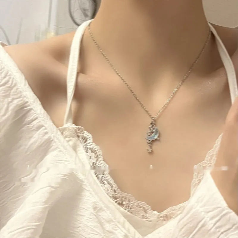 Copper star and crescent moon pendant necklace with tassel, diamond treatment finish, blue or white, on adjustable 31-40cm cross chain