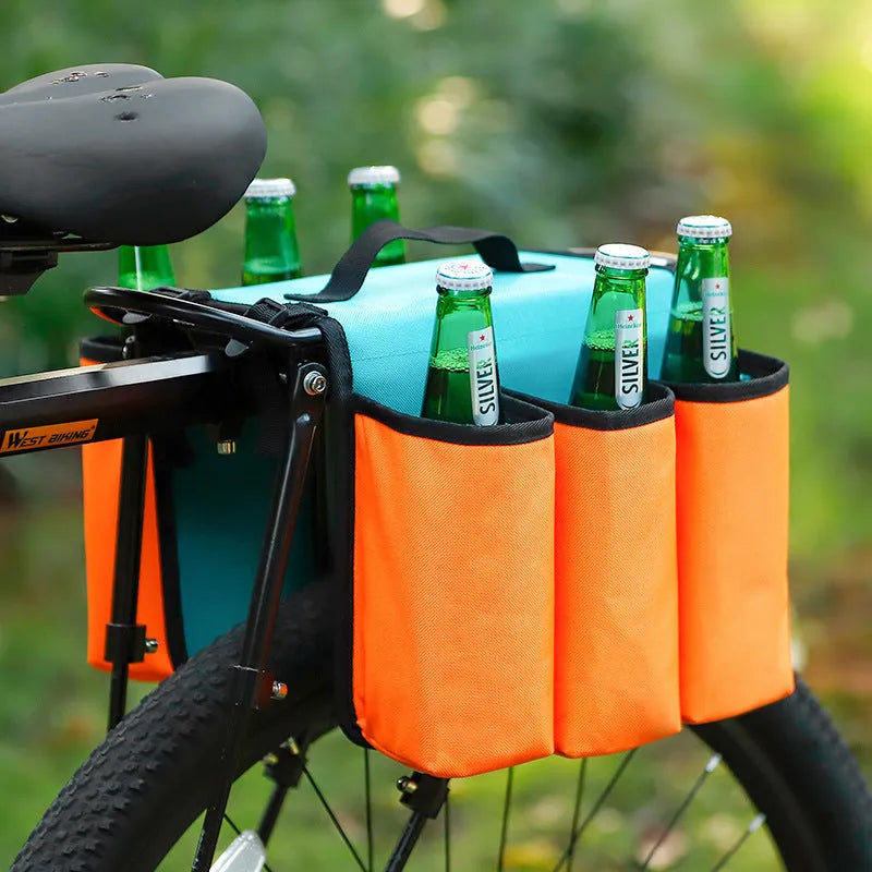 Black and blue orange double-sided bicycle drink shelf bag mounted on handlebars.