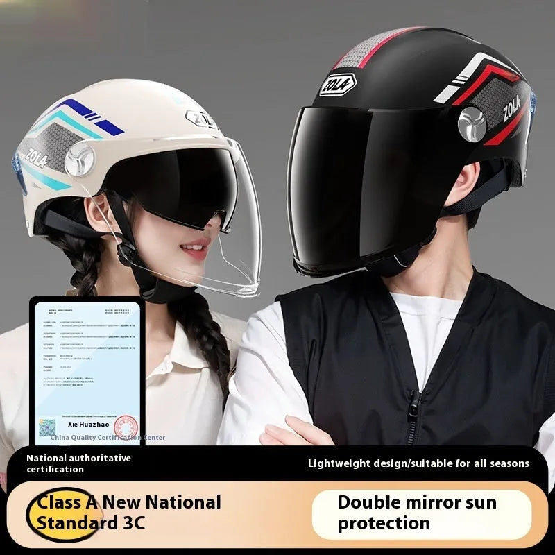 Children's universal motorcycle half helmet with a double mirror visor and ABS shell in various colour options.