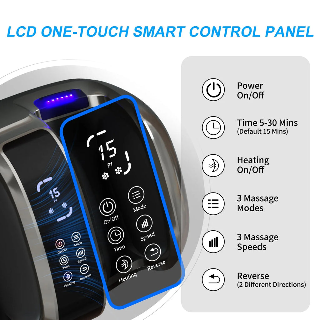 3D foot and calf massager with heat, four auto programs, adjustable intensity, and remote control, black finish