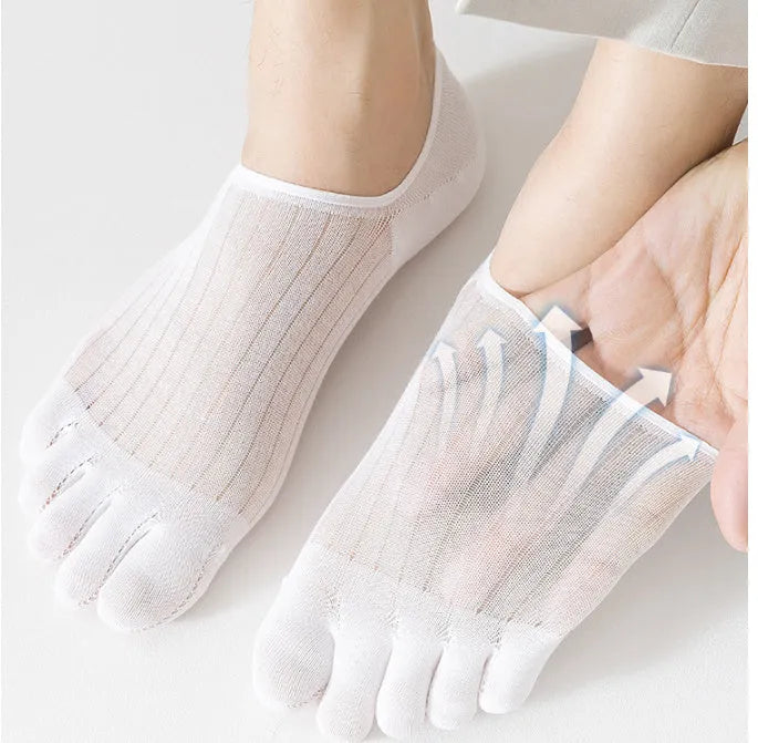 Five-finger boat socks in modal cotton, shown in black, dark grey, light grey, khaki, and white colour options.