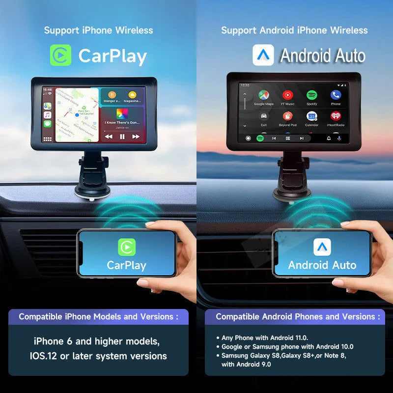 7-inch portable car smart display with wireless CarPlay and Android Auto on retractable mounting bracket